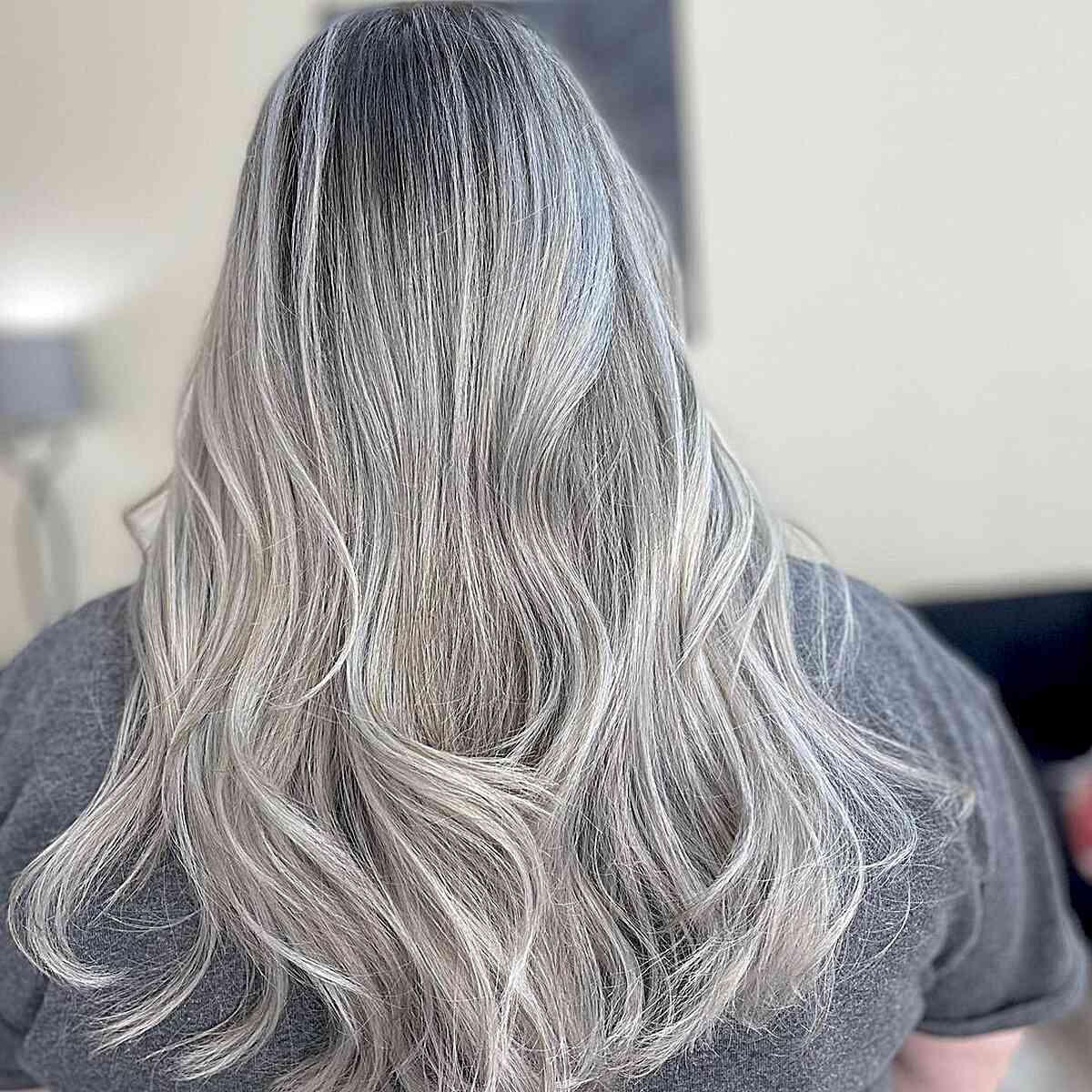 Mid Back-Length Icy Grey Blonde Balayage Hair with Dark Roots