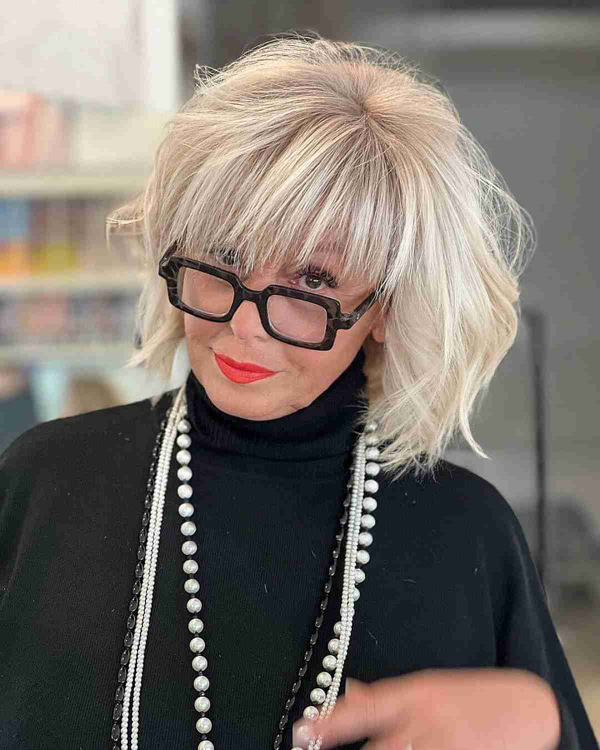 Icy Messy Bob Cut with Layers for Ladies Over Sixty with Glasses