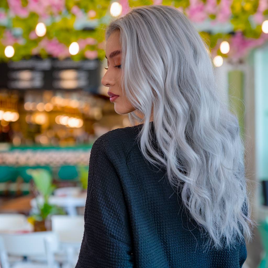 Long, wavy icy platinum blonde hair with a cool, crisp tone for a striking spring refresh