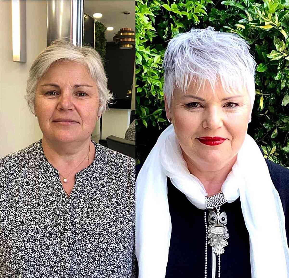 Icy Silver Blonde Messy Pixie with Fringe for 50-Year-Olds with Round Faces