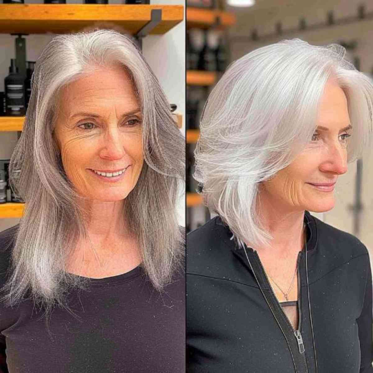 Icy silver blonde on mid-length layered hair showing a vibrant color transition and healthy texture.