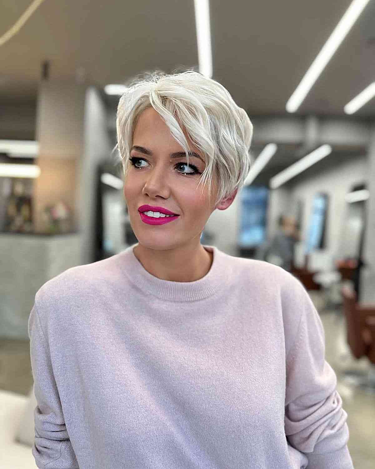 Icy White Textured Pixie with a Long Top and Side Bangs for long face shapes