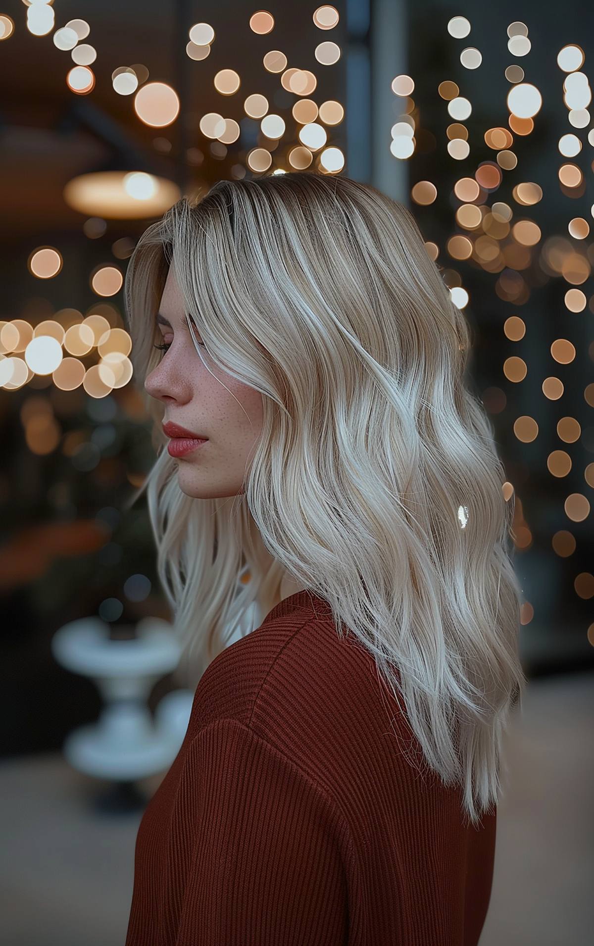 Icy blonde wavy hairstyle with long layers and cool tones for winter