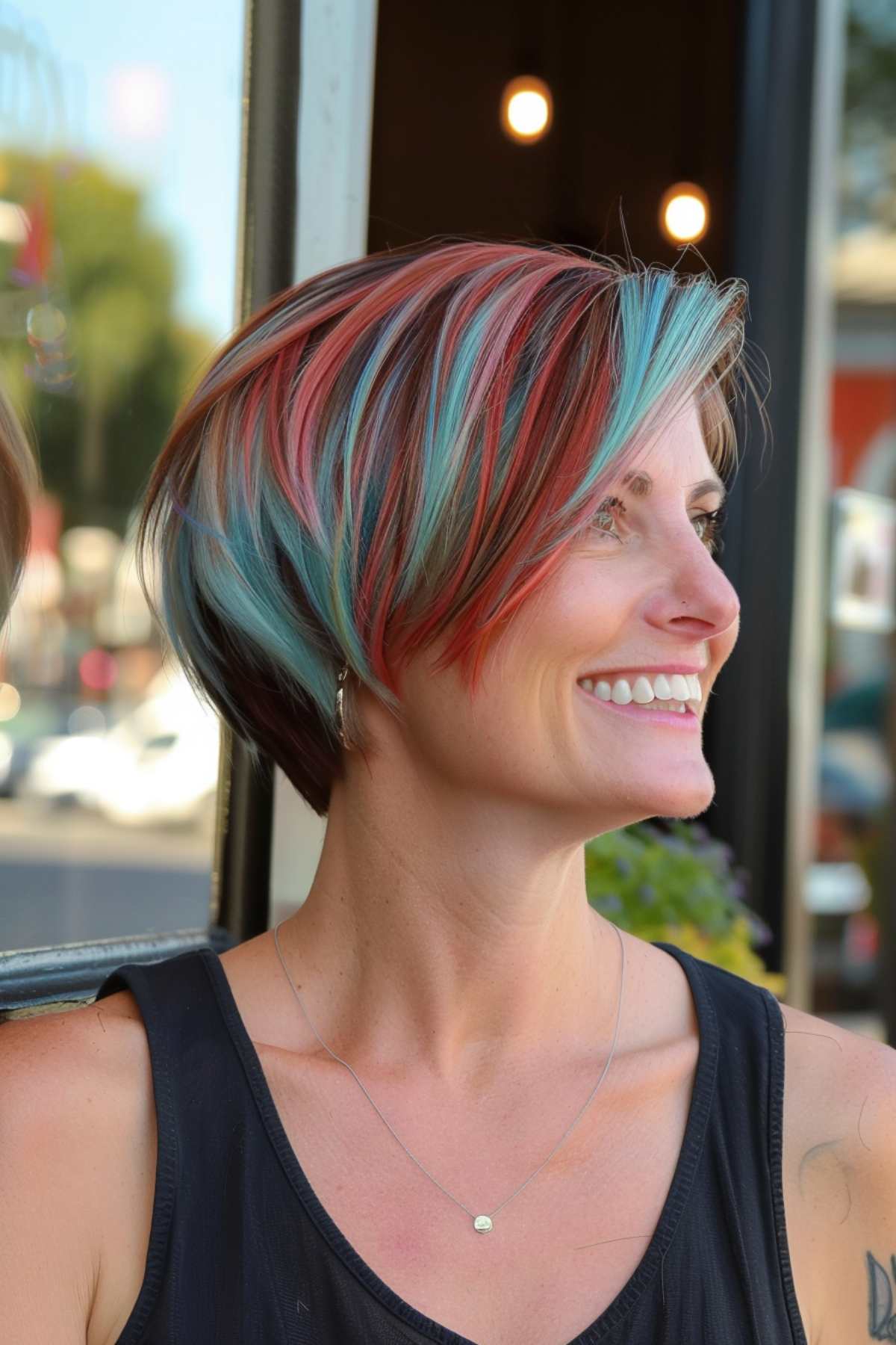 Short layered bob with red, blue, and white highlights for 4th of July