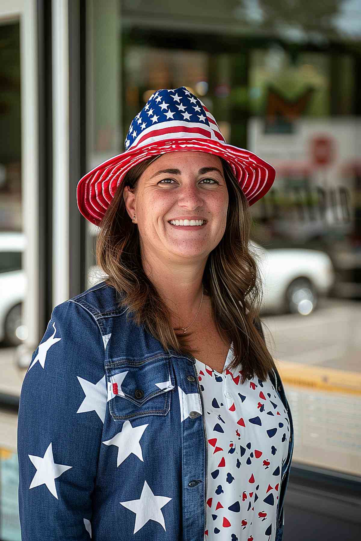 Woman with medium-length wavy hair wearing a patriotic star-patterned hat for 4th of July