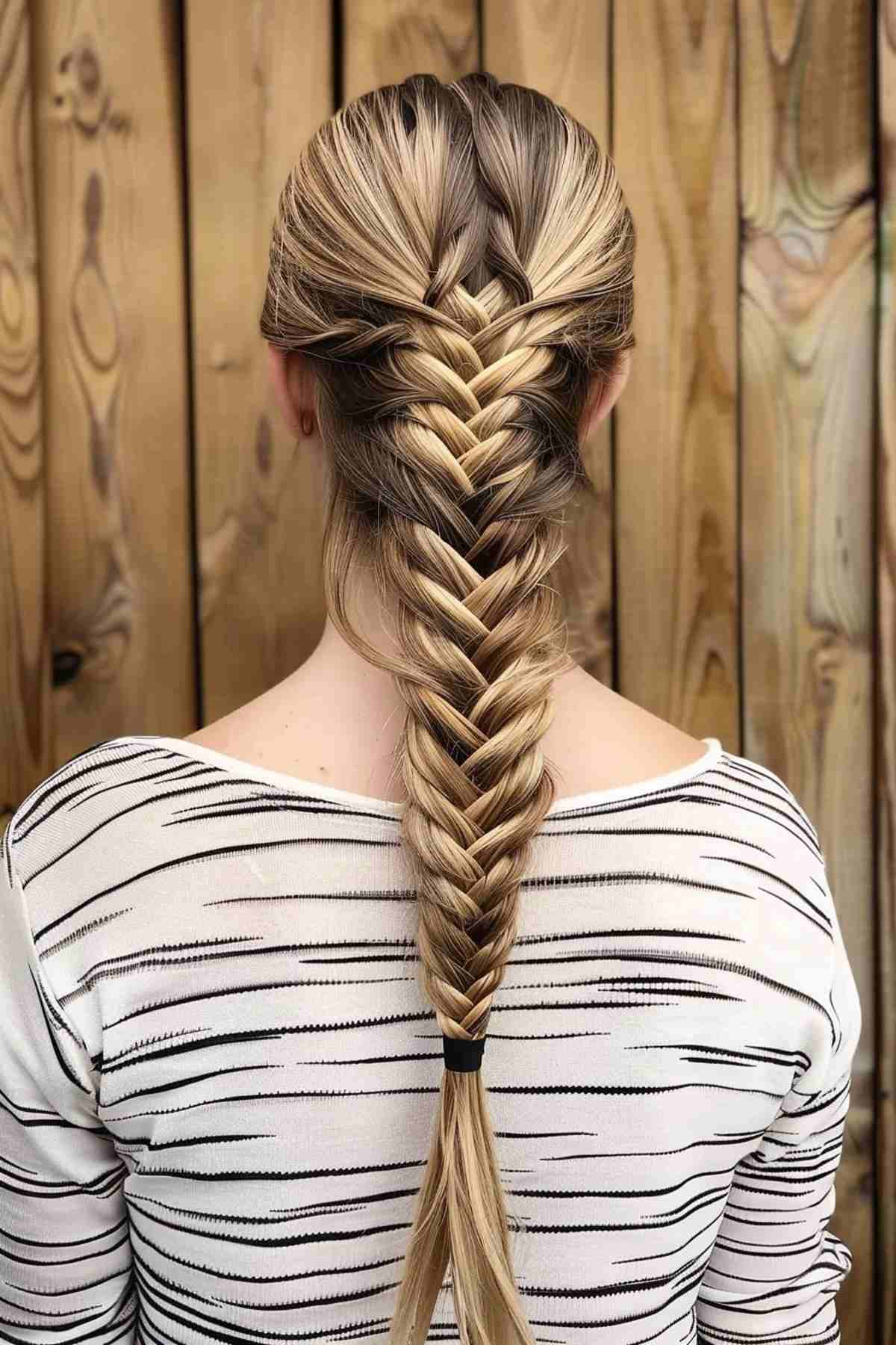 Woman with an intricate French fishtail braid, wearing a striped top