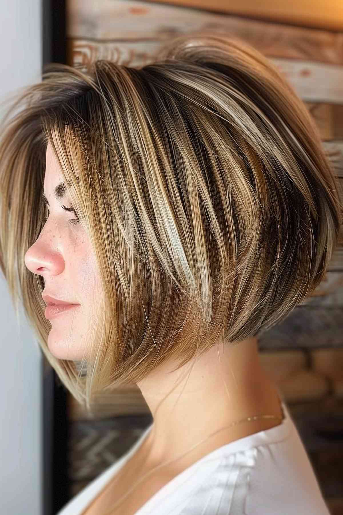 Inverted bob hairstyle for thick hair with highlights