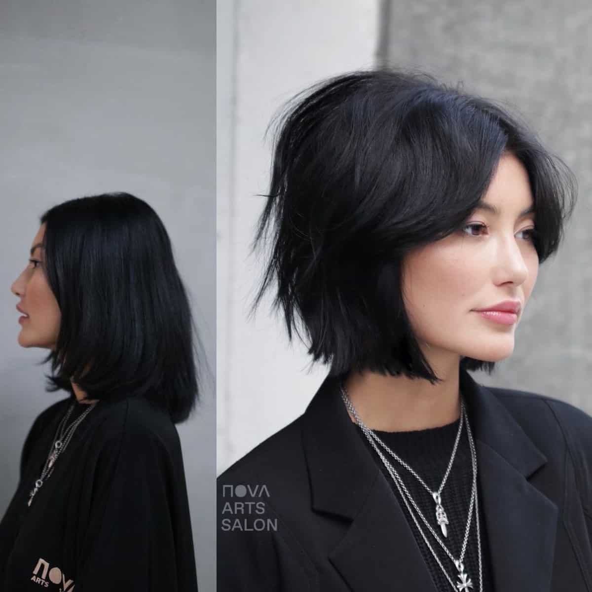 Inverted bob with curtain bangs hairstyle for dark hair
