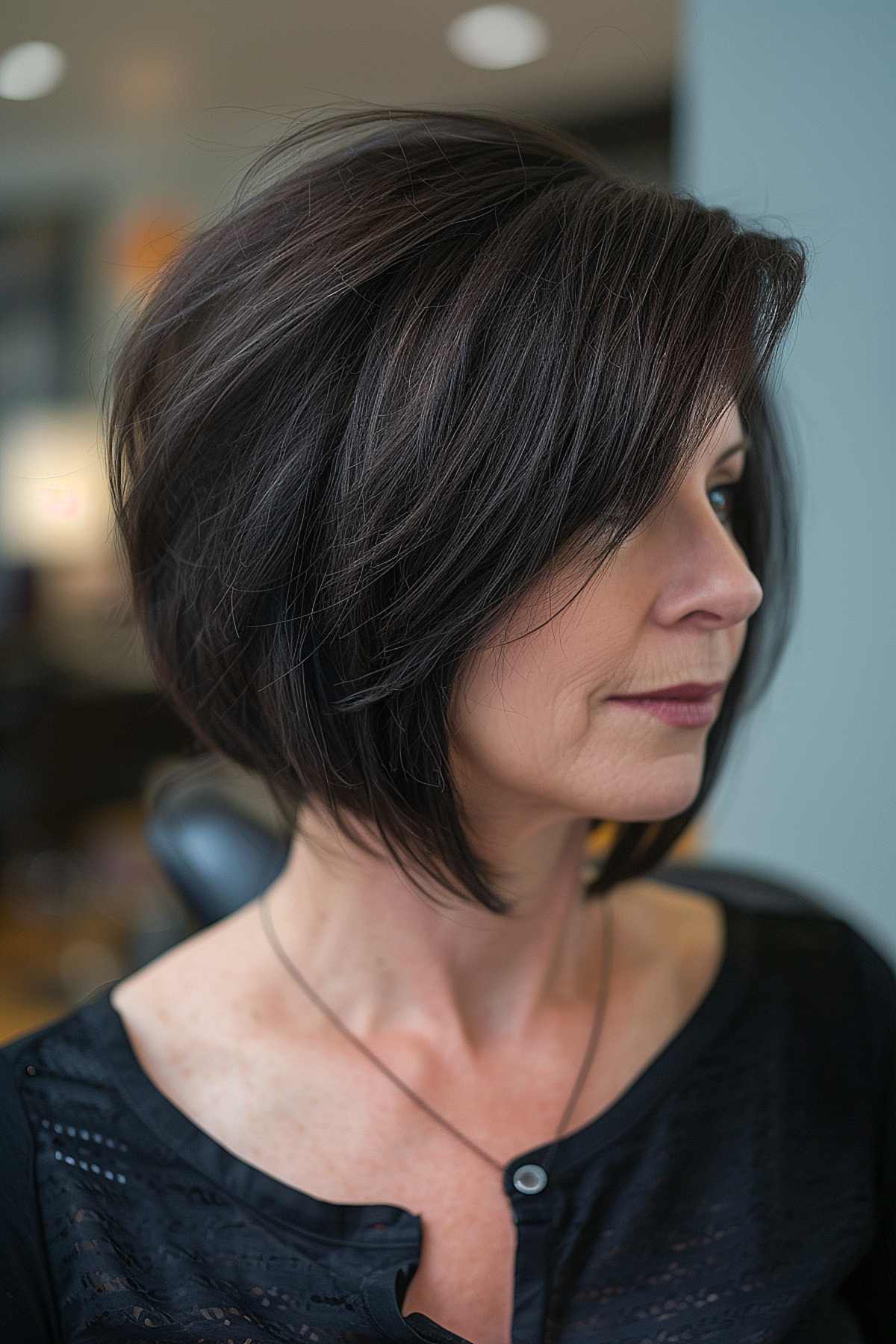 A woman with an inverted bob and long, sleek bangs.