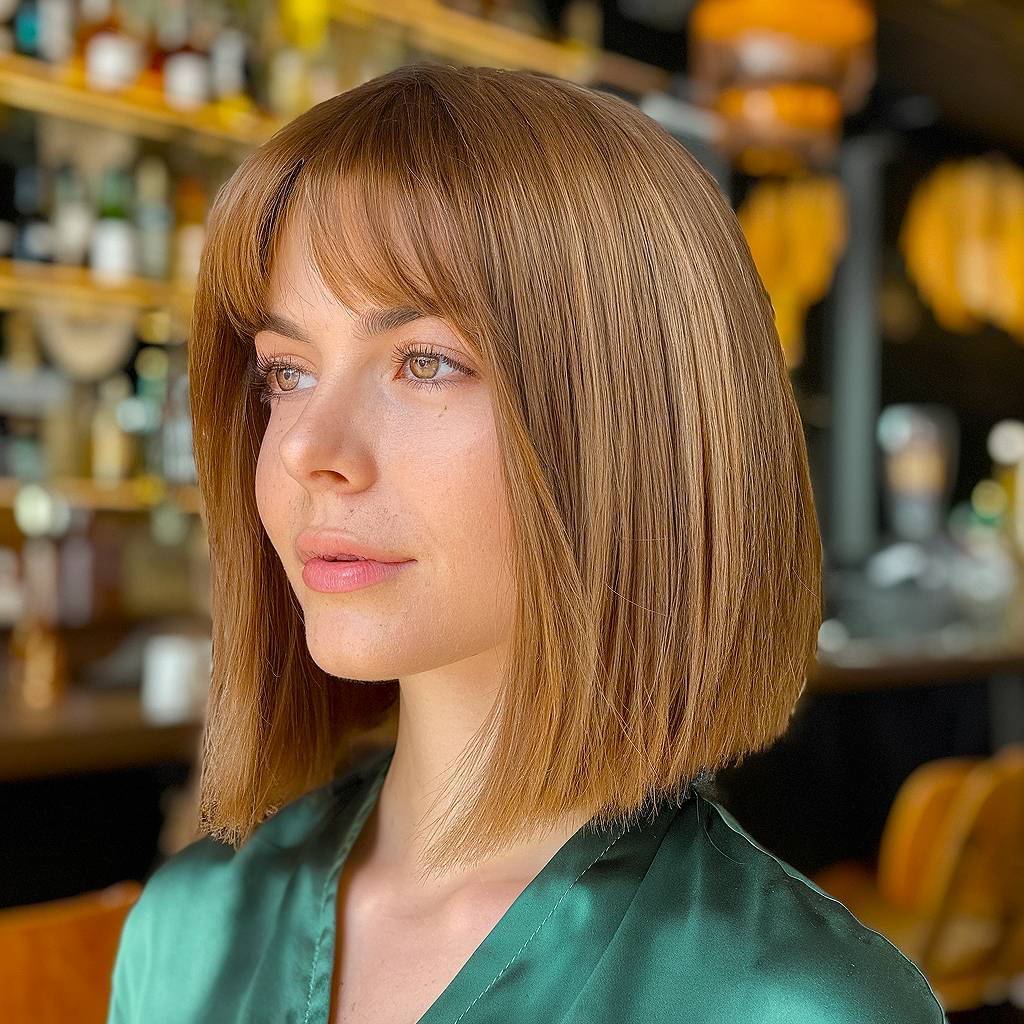 Inverted long bob with curtain bangs, styled with sleek, straight layers for a polished finish