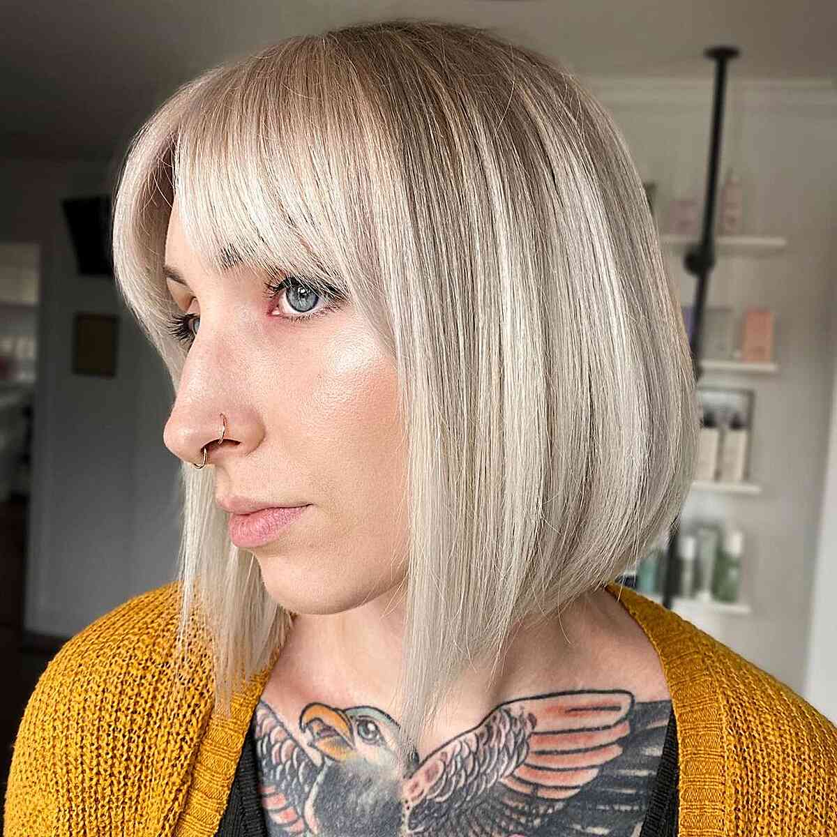 Long inverted bob with bangs and layers