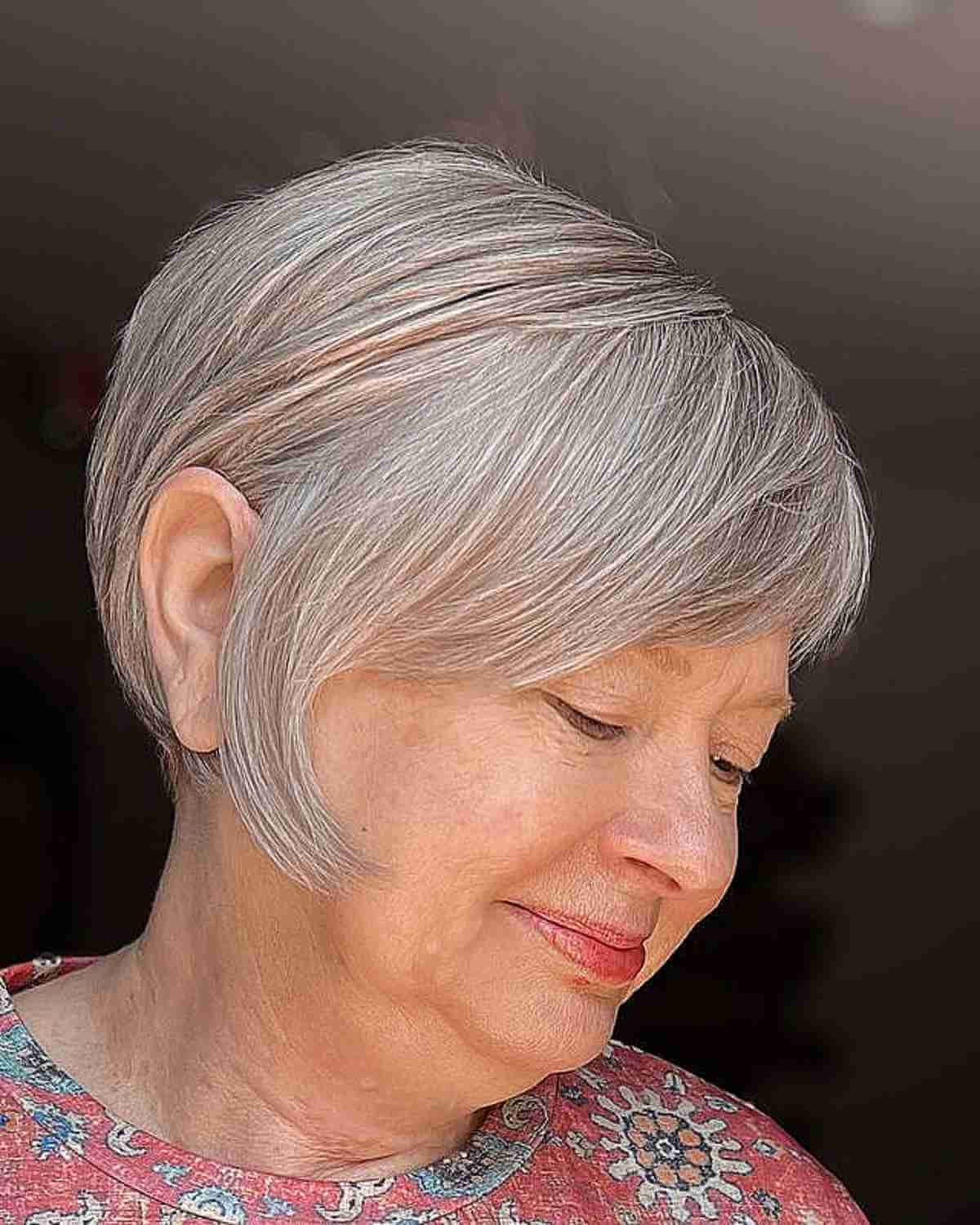 Inverted Pixie Bob with Side-Swept Bangs for a Lady in Her 50s