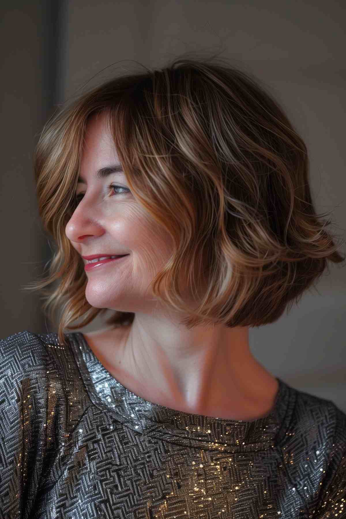 A woman with an inverted teacup bob featuring bold color highlights and waves.
