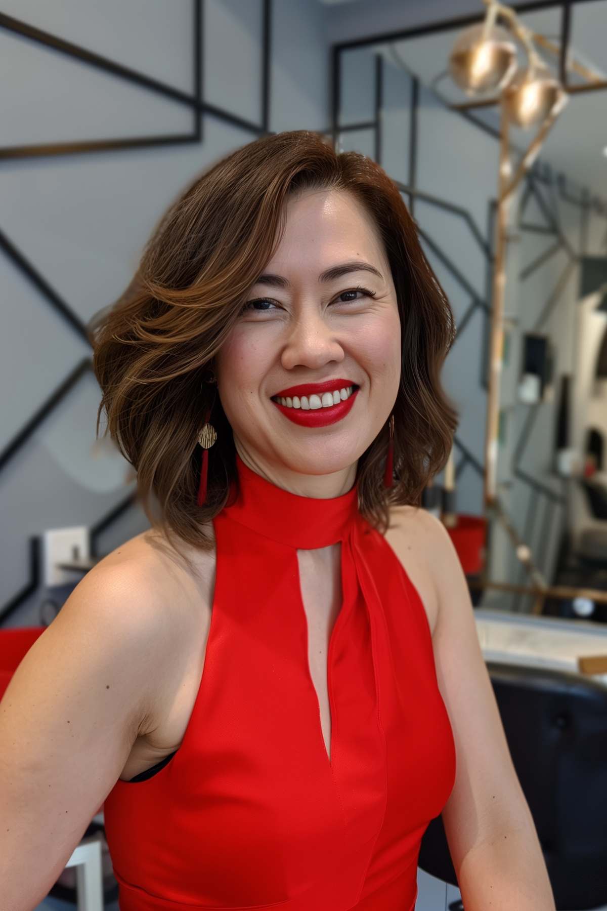A woman with an inverted bob featuring a deep side part and subtle waves.
