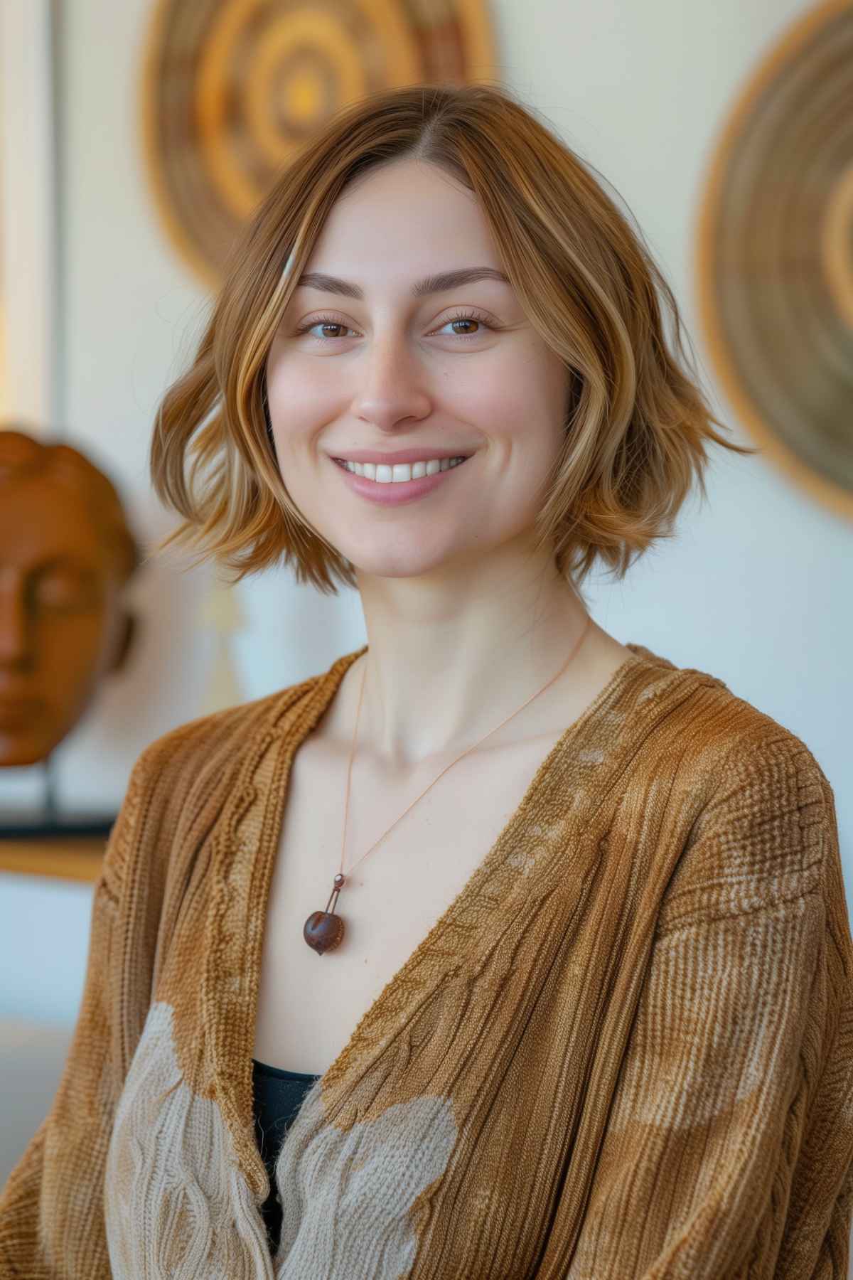 A woman with a teacup bob featuring sculpted lowlights and slight waves.