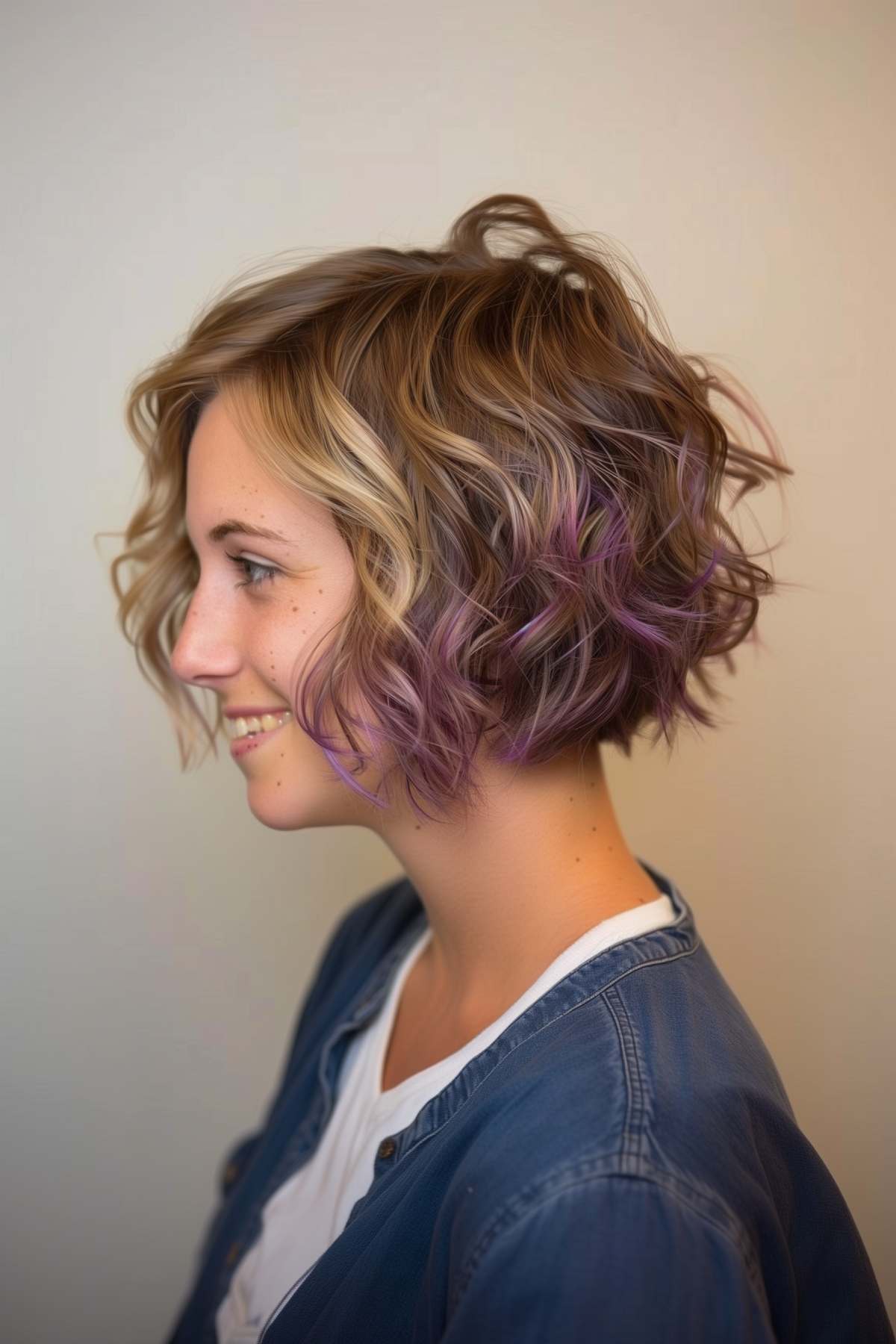 A woman with an inverted teacup bob featuring peekaboo highlights and soft waves. 