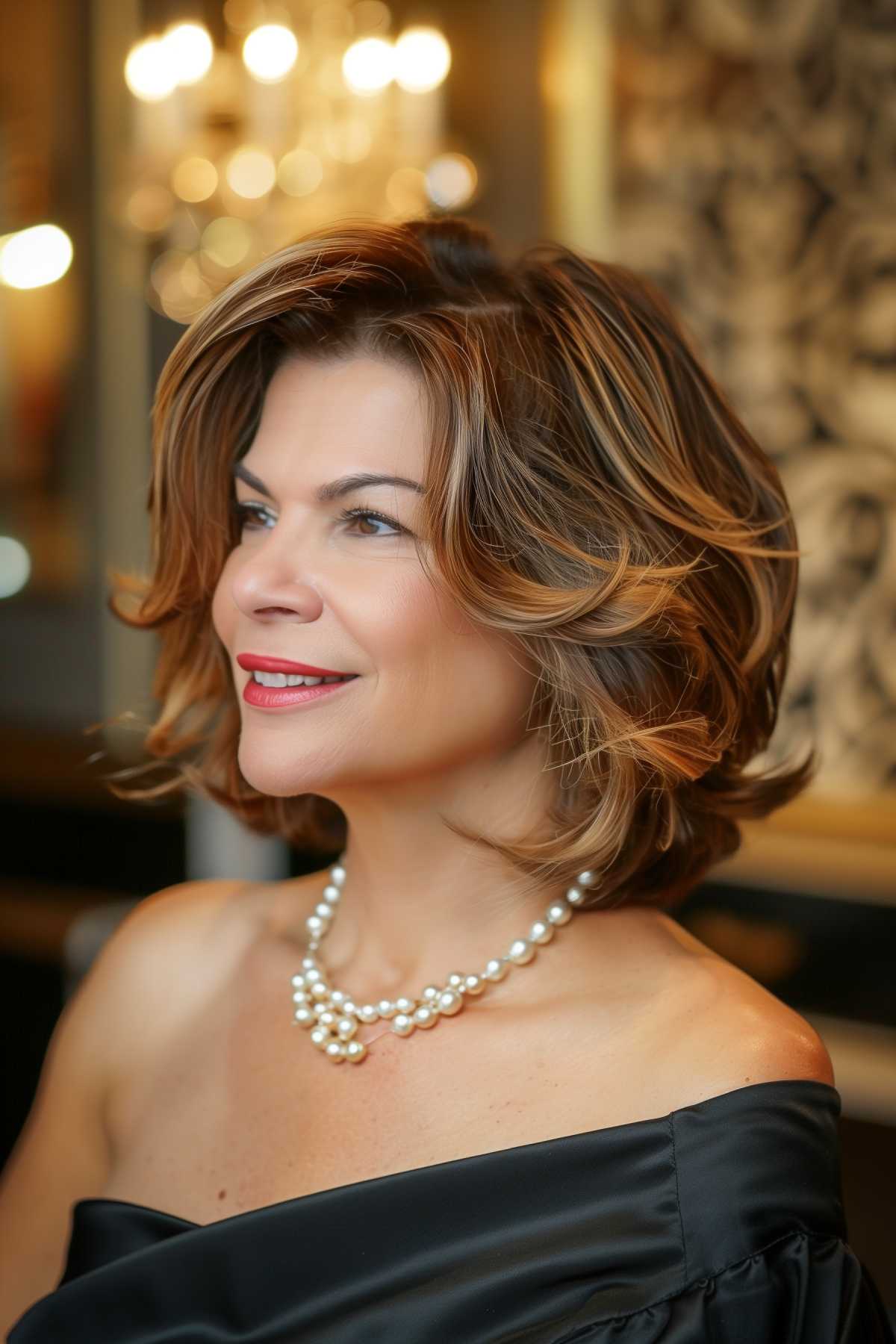 A woman with an inverted teacup bob featuring delicate balayage and soft waves. 