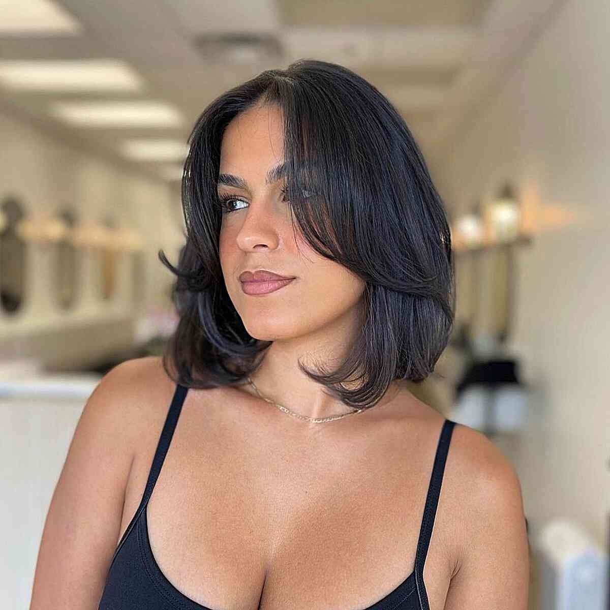 Neck-Length Italian Bob with Long Swoopy Bangs for Longer Faces