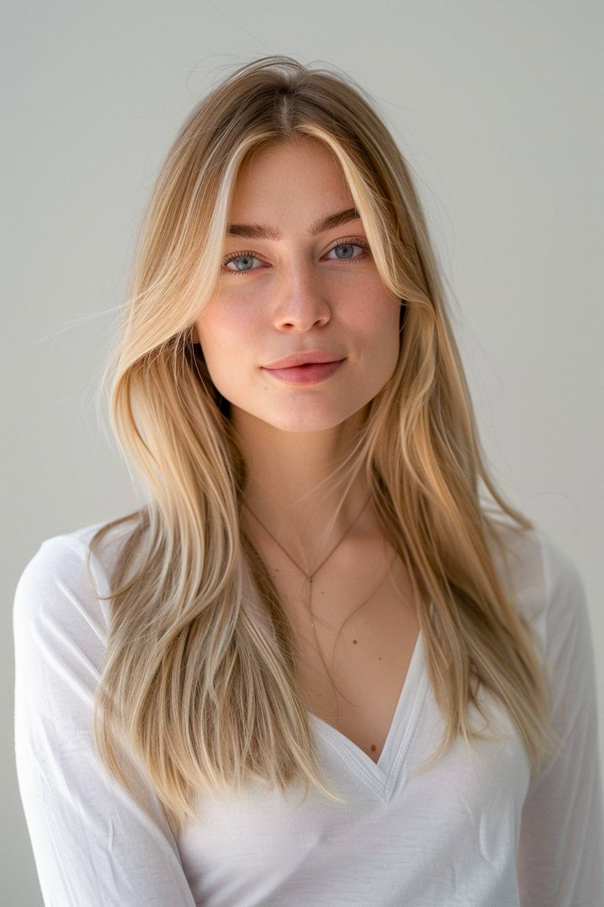 Ivory glow hair color showcasing luminous blonde balayage on sleek hair