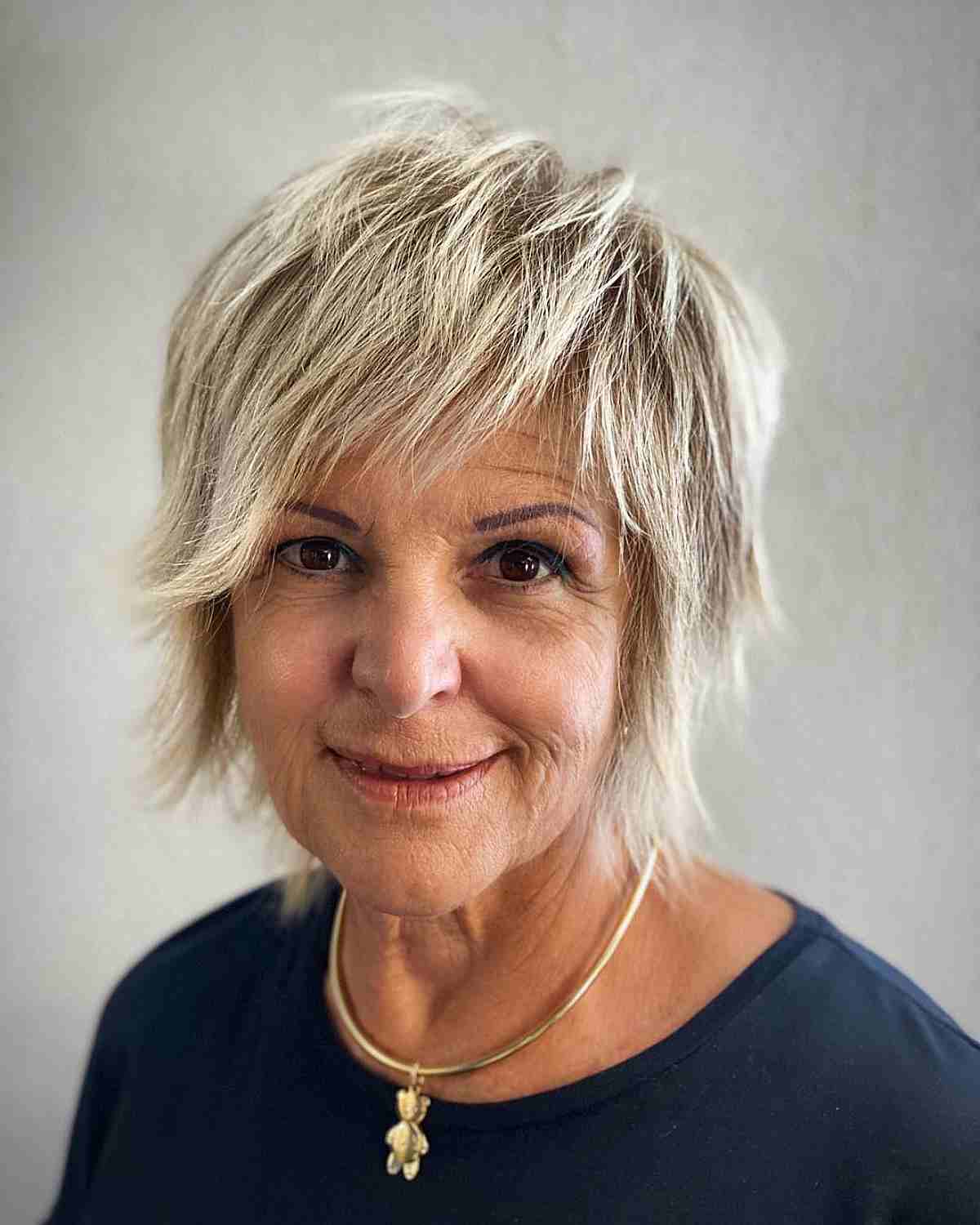 Jagged Shaggy Mullet Bob with Side-Swept Bangs for Ladies Over 70