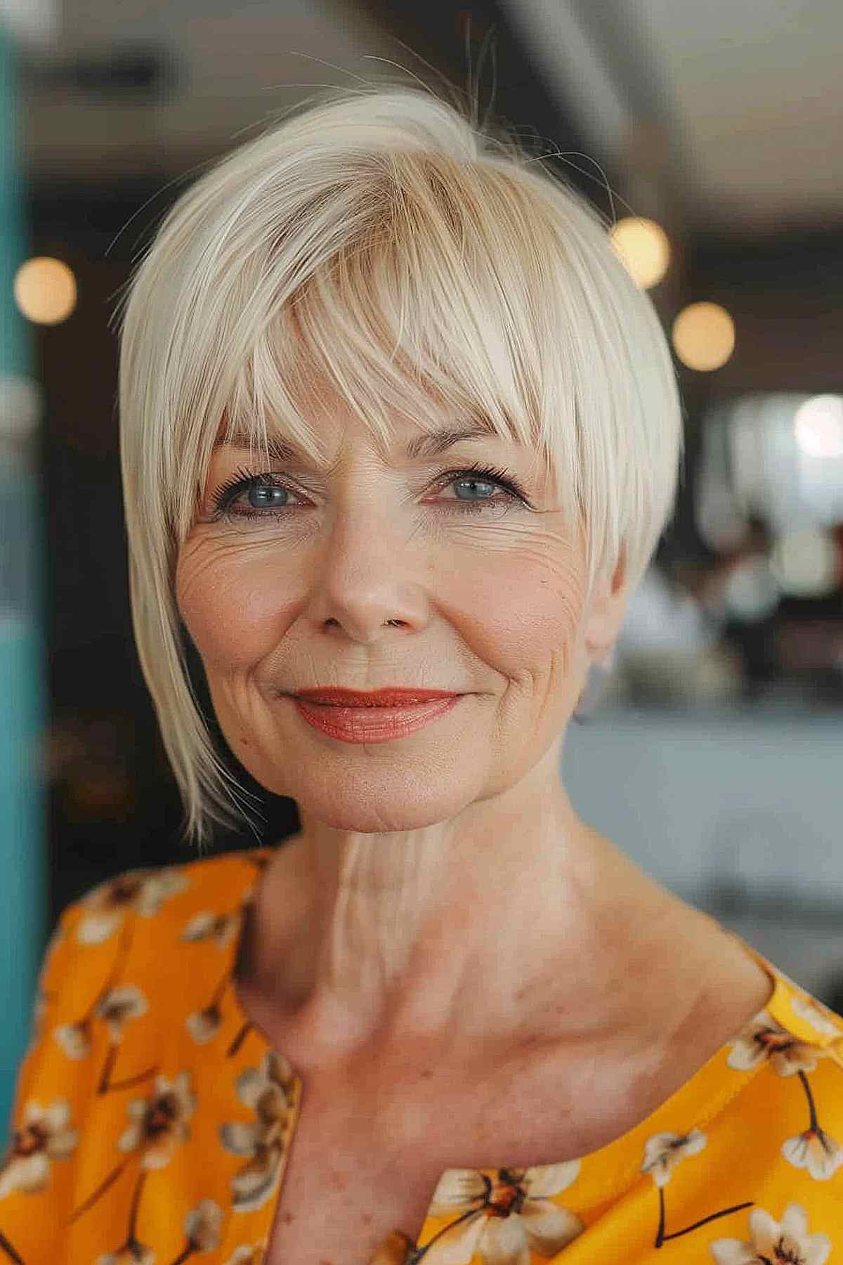 Jaw-length asymmetrical bob with side-swept bangs for women over 60