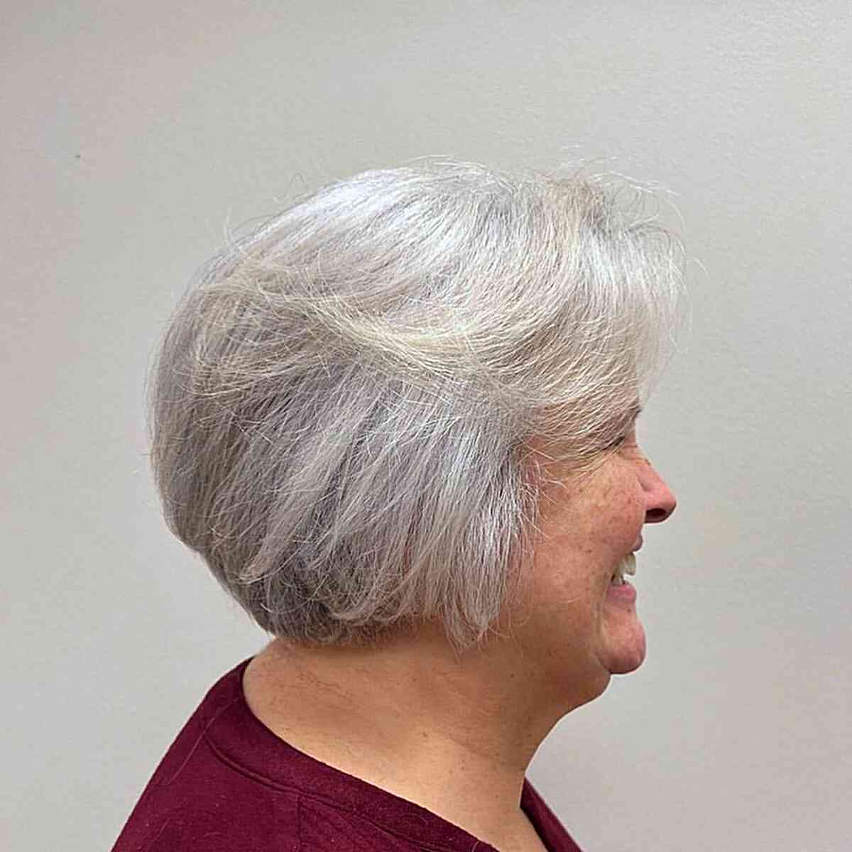Short Jaw-Length Bobbed Hair with Swoopy Layers for Older Women Over 60 with White Hair