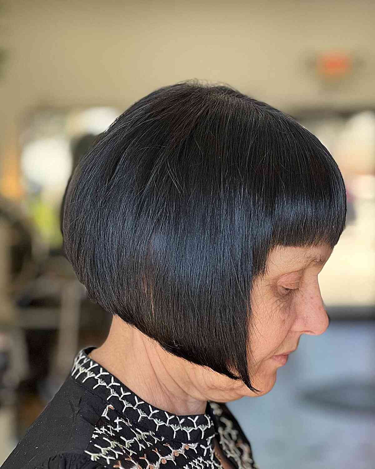 Jaw-Lengthj Face-Framing Bob with Short Bangs on Older Ladies Over 60 with Black Hair