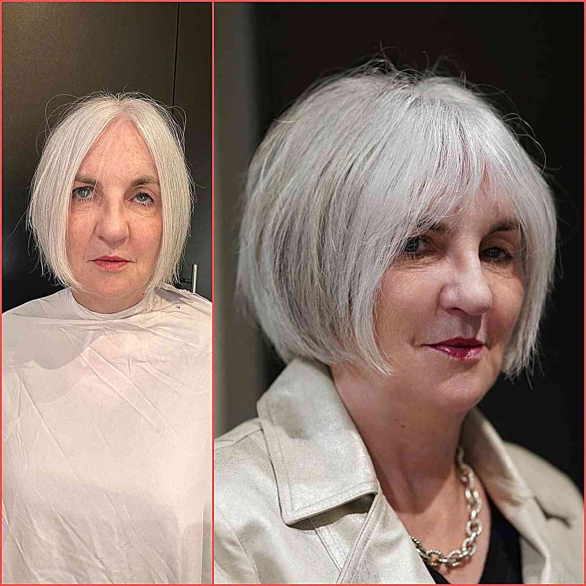 Jaw-Length Silver Short Bob with Bottleneck Bangs for Ladies Past 60