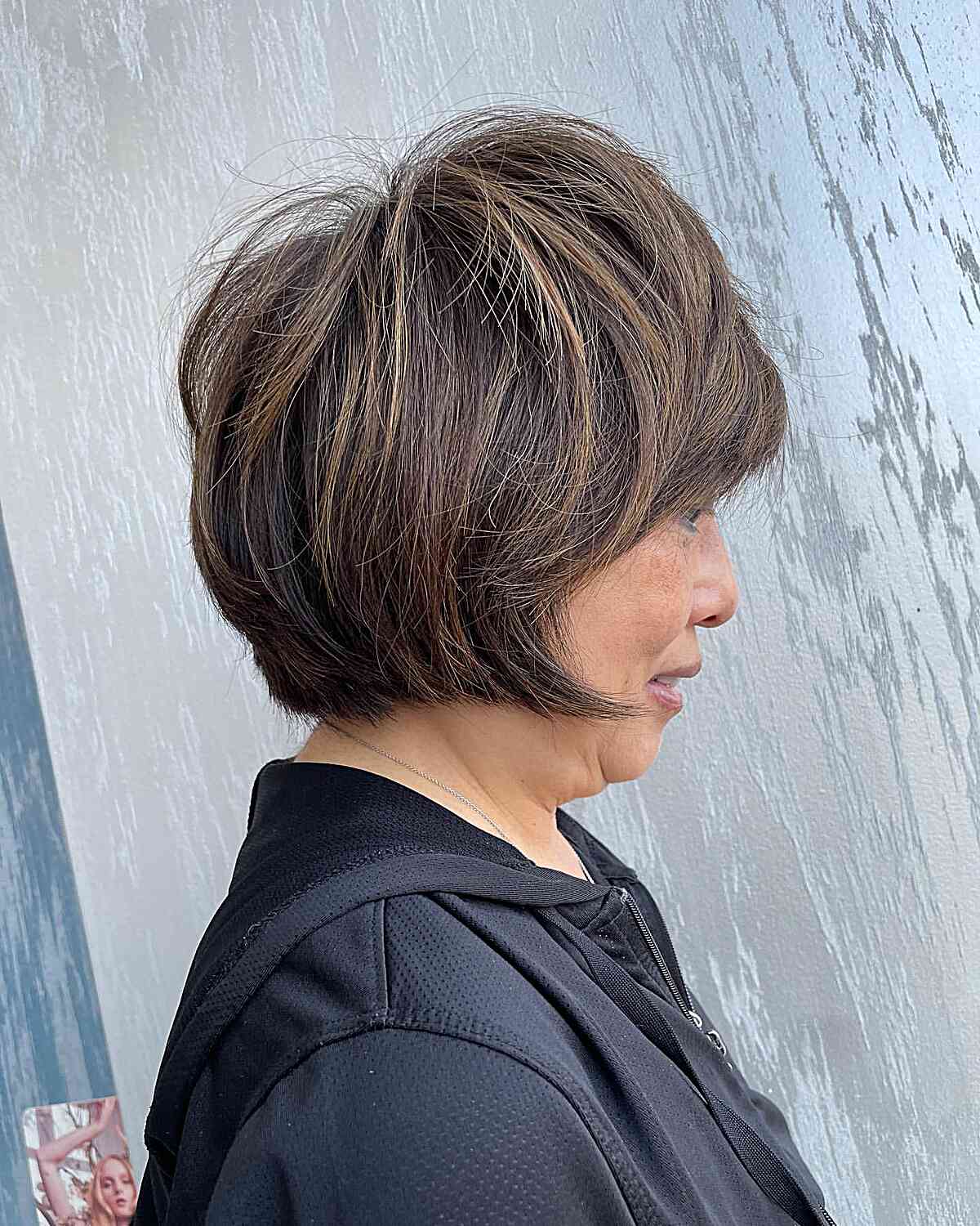 Jaw-Length Straight Shaggy Bob with Crown Layers for Mature Women Over 60 with Bronde Hair