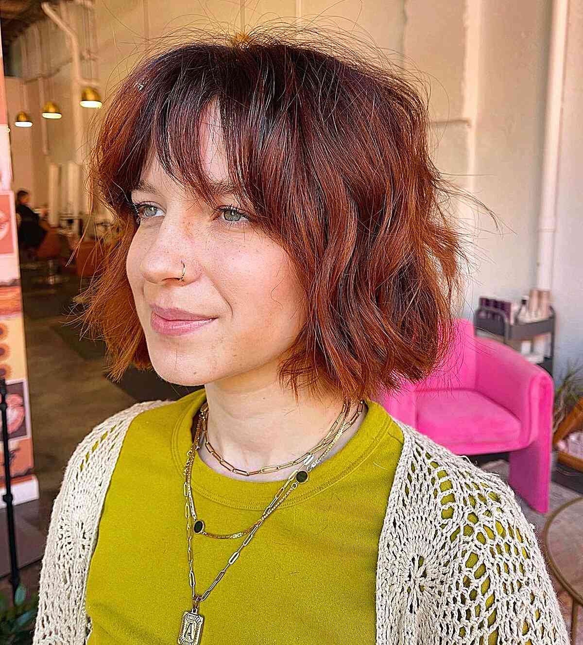 Jaw-Length Red Tousled Edgy Shaggy Choppy Bob with Light Bangs