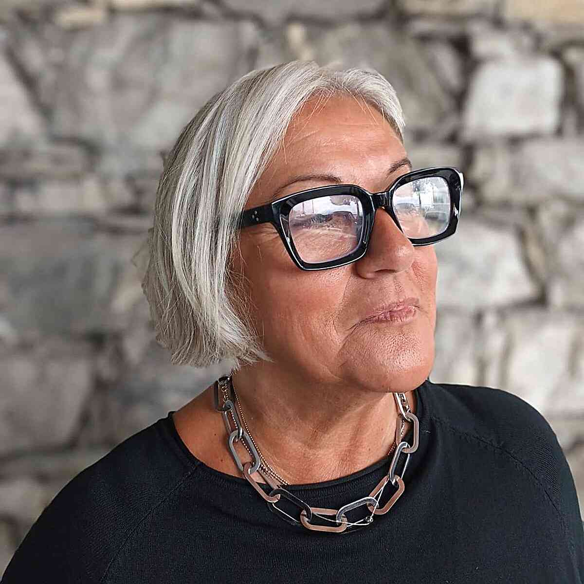 Jaw-Length White Bob with Blunt Ends for Older Ladies Over Fifty with Glasses