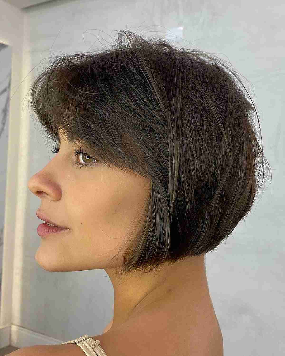 Jaw-Length Wispy Brunette Bob with Short Layers