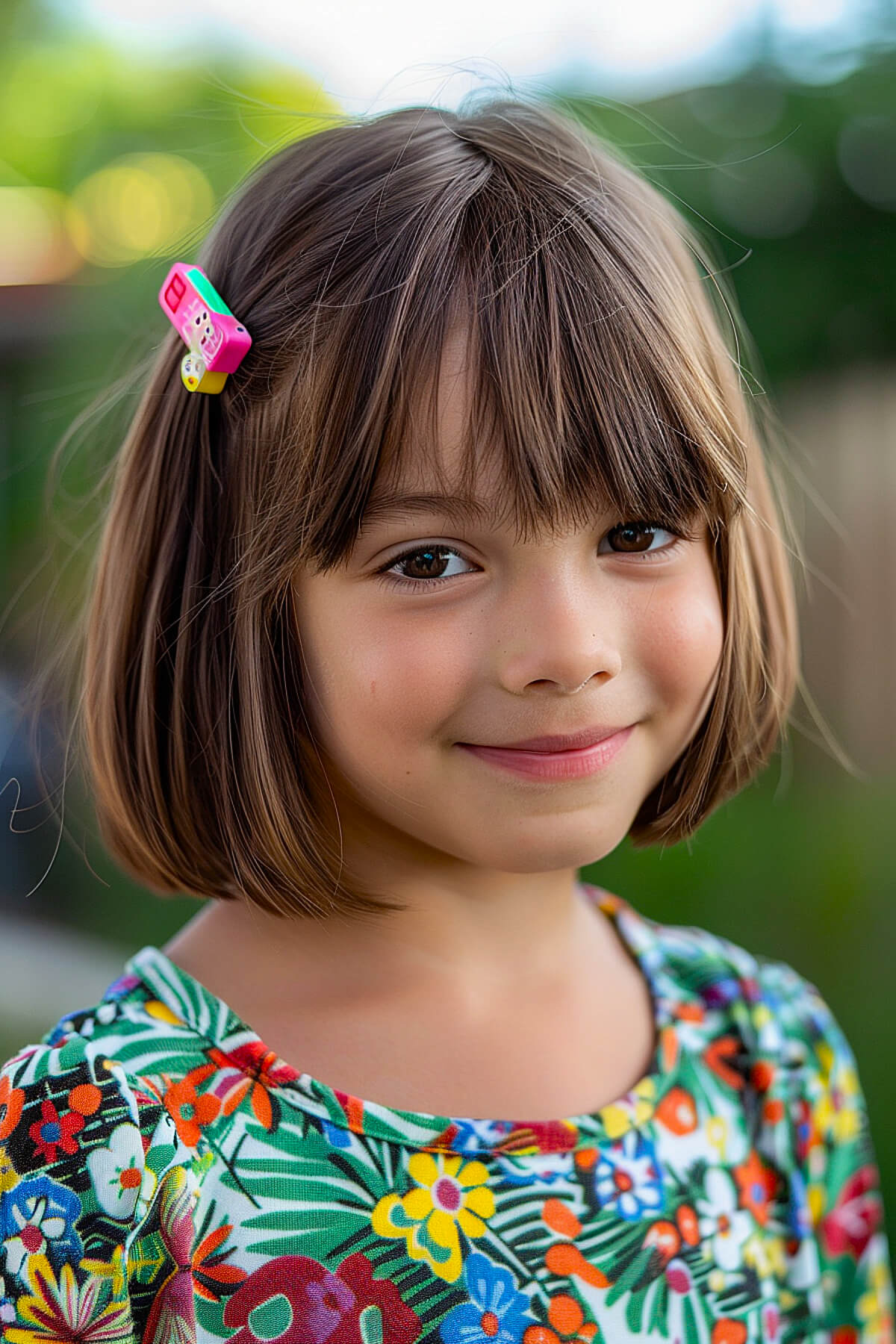 Chin-length bob haircut for girls with wispy bangs and a playful hair clip