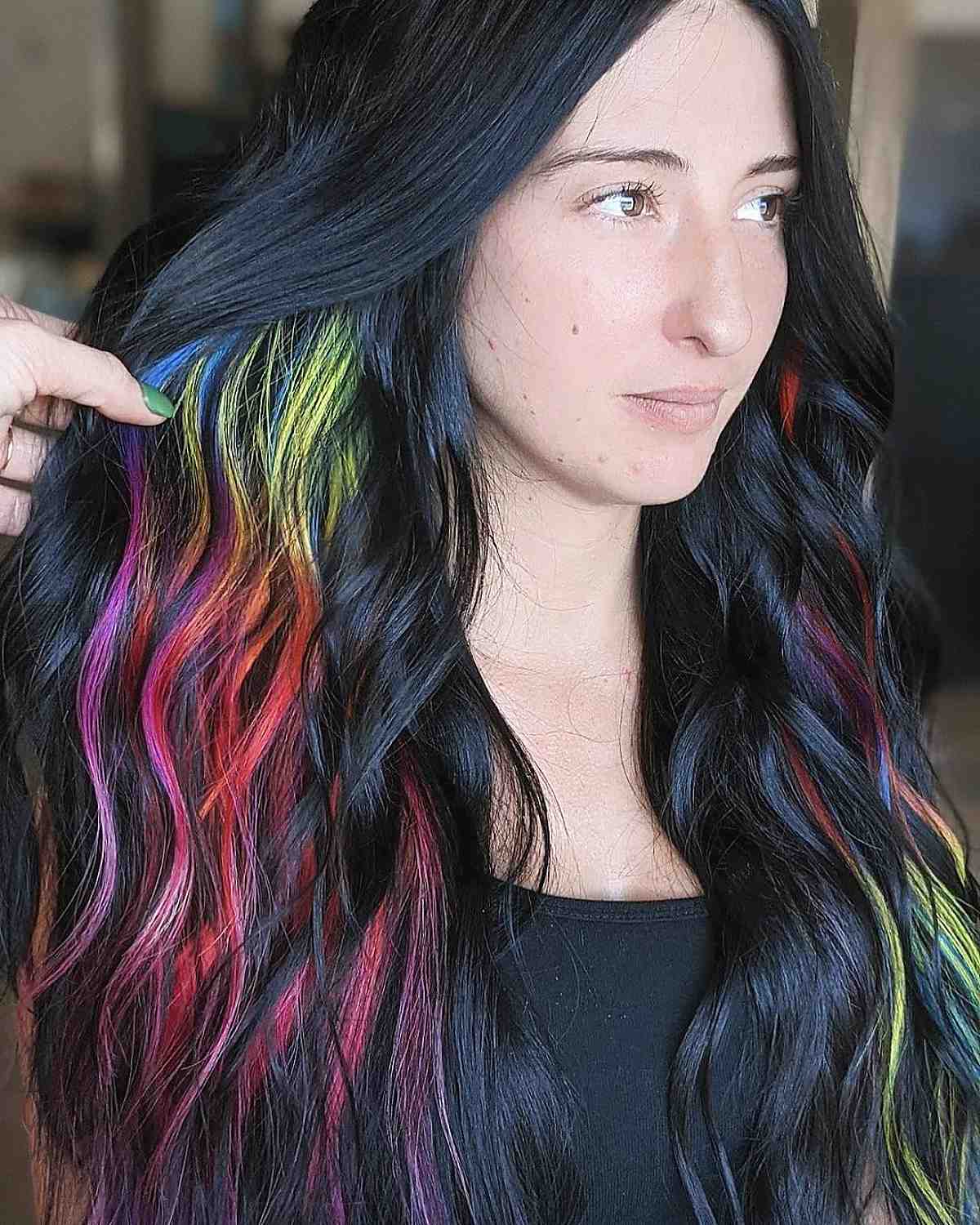 jet black hair with rainbow peekaboo strands