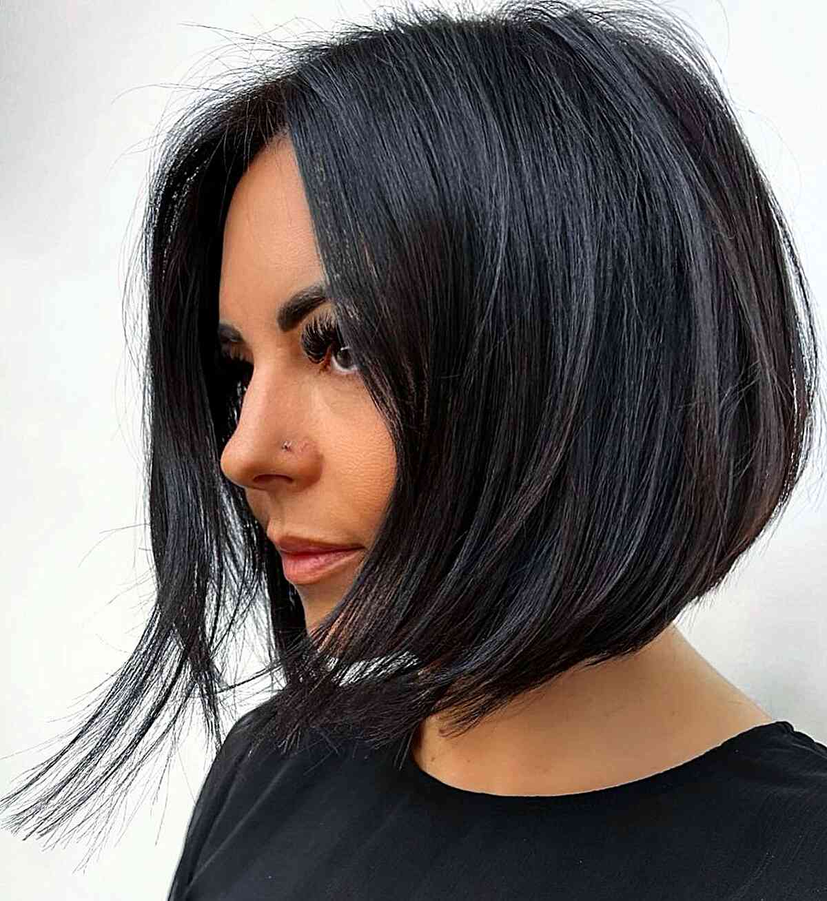 Jet Black Layered Bob for Very Fine Hair with layers and a slight angle in the back