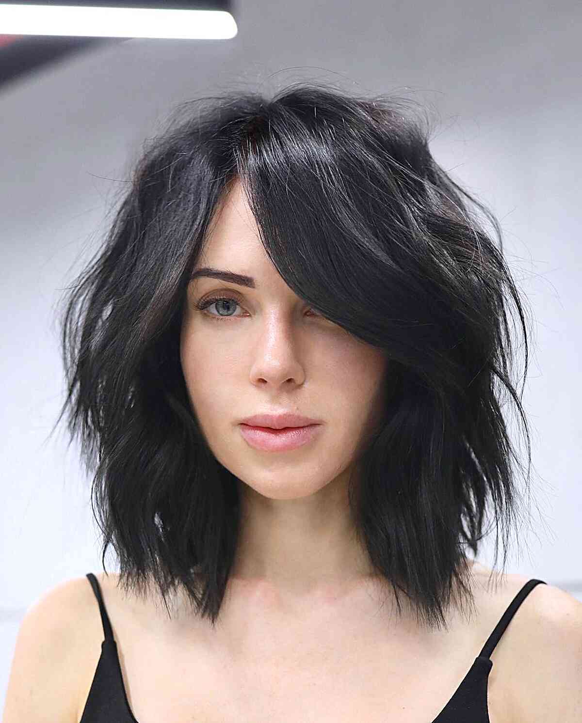 Jet Black Long Bob with Texture for women with choppy layered hair