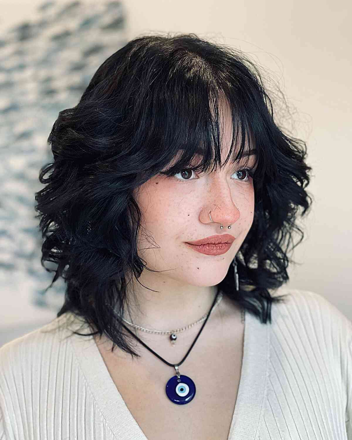 Jet Black Wavy Shaggy Wolf Cut with See-Through Bangs for Shoulder-length hair