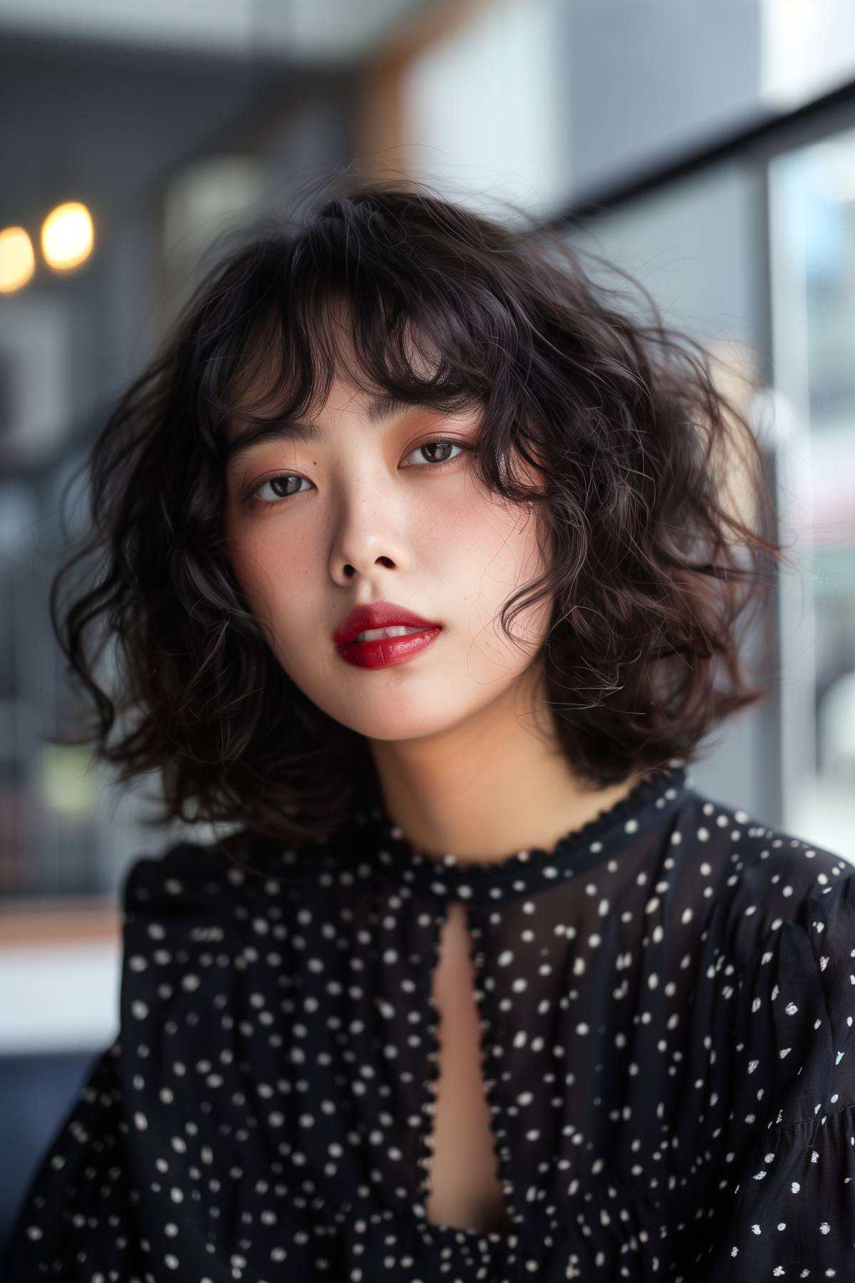 Kawaii hairstyles short curly with tousled curls and soft bangs for a playful, cute look