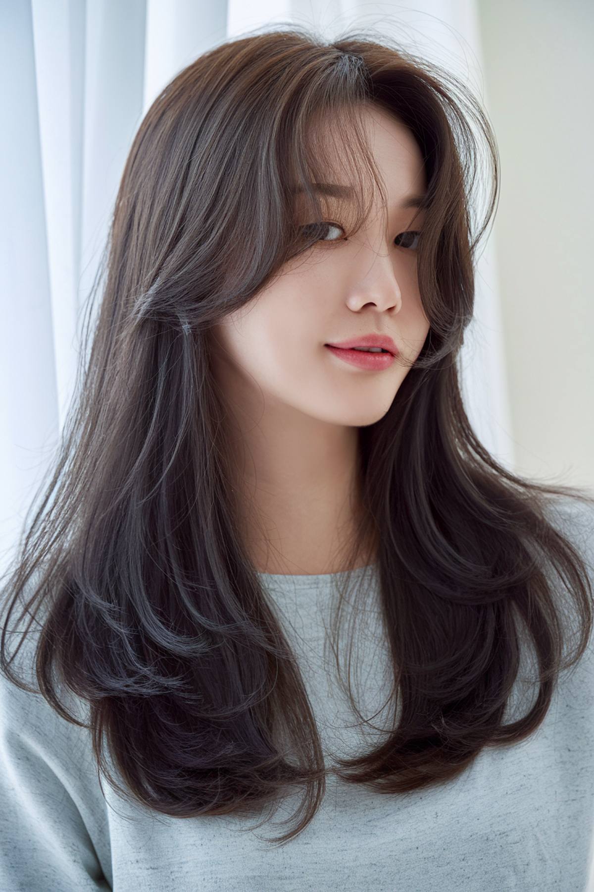 Korean haircut long layered hair with curtain bangs