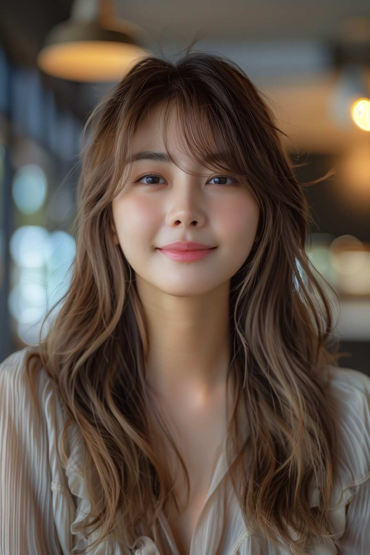 Woman with Korean-inspired long hair, soft layers, and wispy bangs