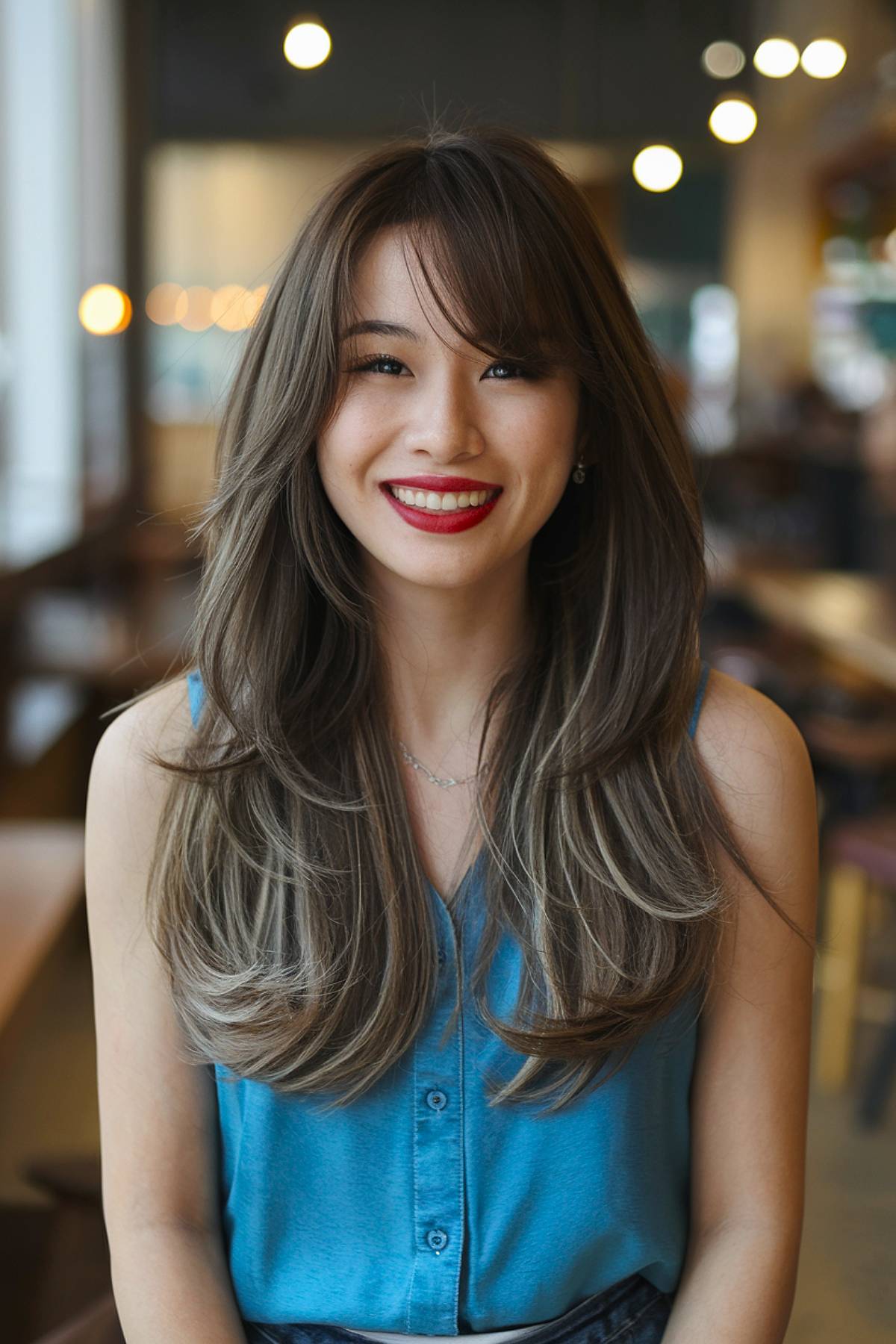 Korean-inspired long layered haircut with soft side bangs for a chic, youthful look