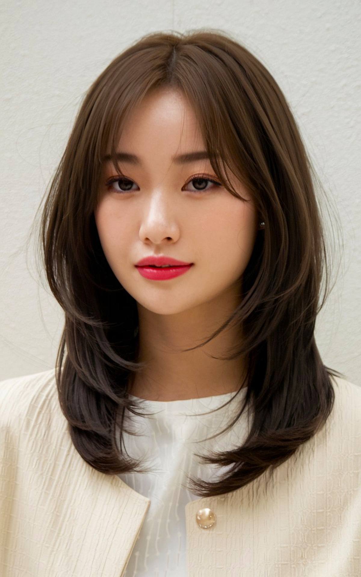 Korean medium haircut with curtain bangs for women seeking elegant styles