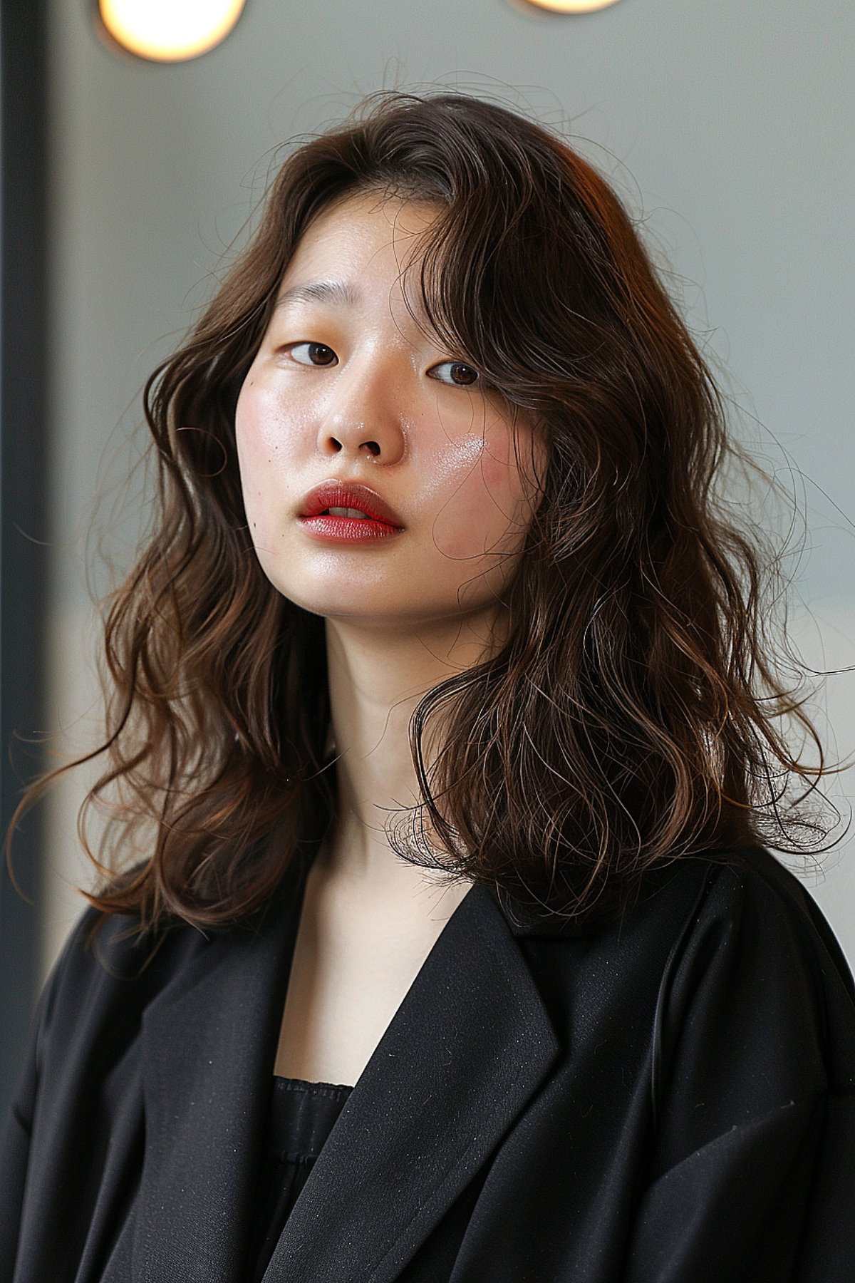 Woman with medium-length hair styled in soft, natural waves, achieved through a Korean digital perm