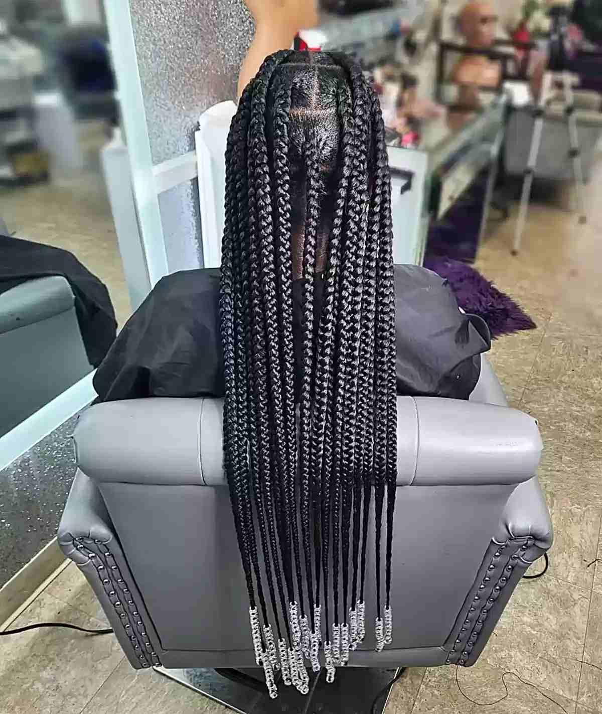 Waist-Length Large Knotless Braids with Clear Beads
