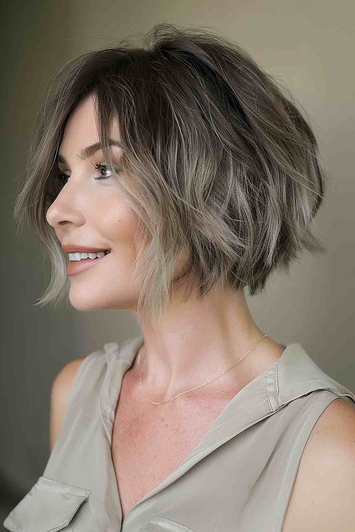 A layered A-line chin bob with soft face-framing layers and a slightly tousled style.