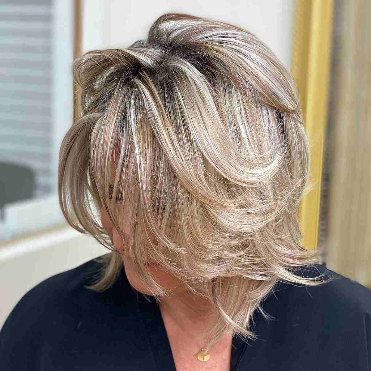 Layered and Messy Bob with Highlights and Dark Shadow Roots
