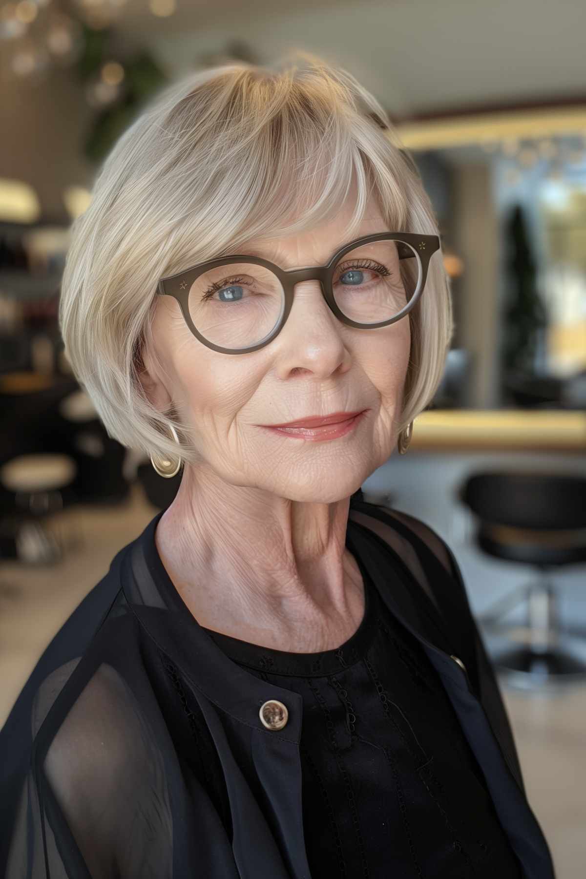 Older woman with short bob haircut and layered bangs, wearing glasses