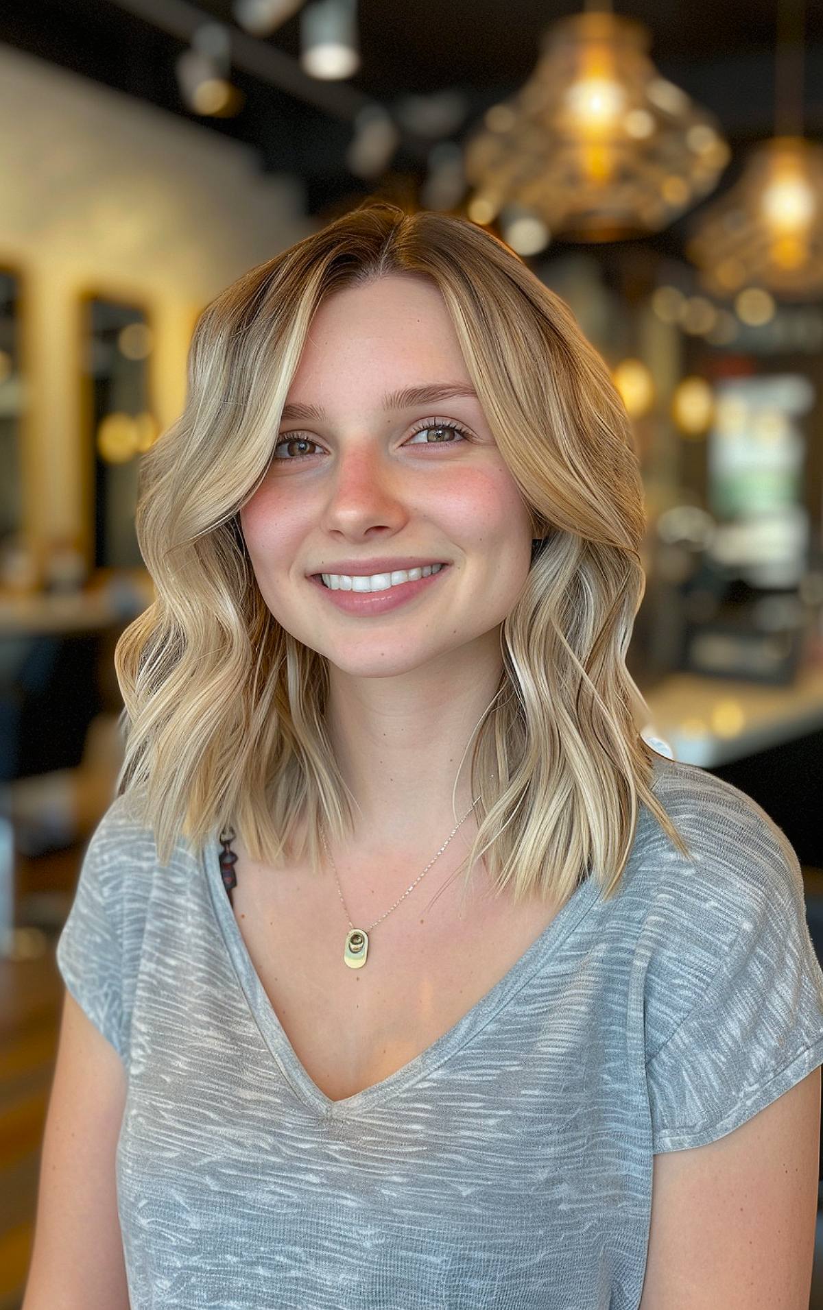 Layered shoulder-length blonde hair with soft waves and lowlights