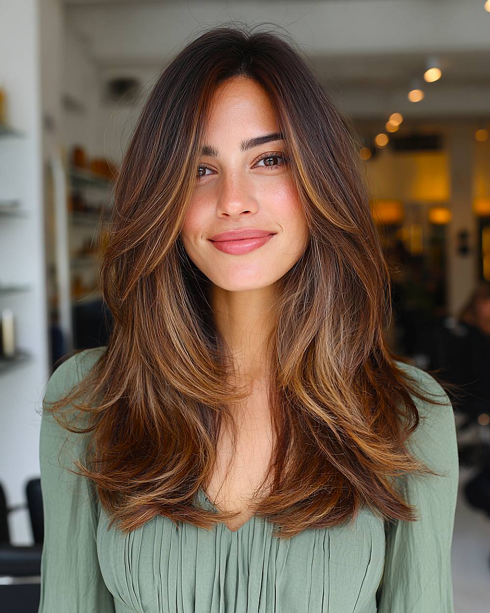 Layered blowout on dark brown hair with honey highlights, voluminous long hairstyle with face-framing layers