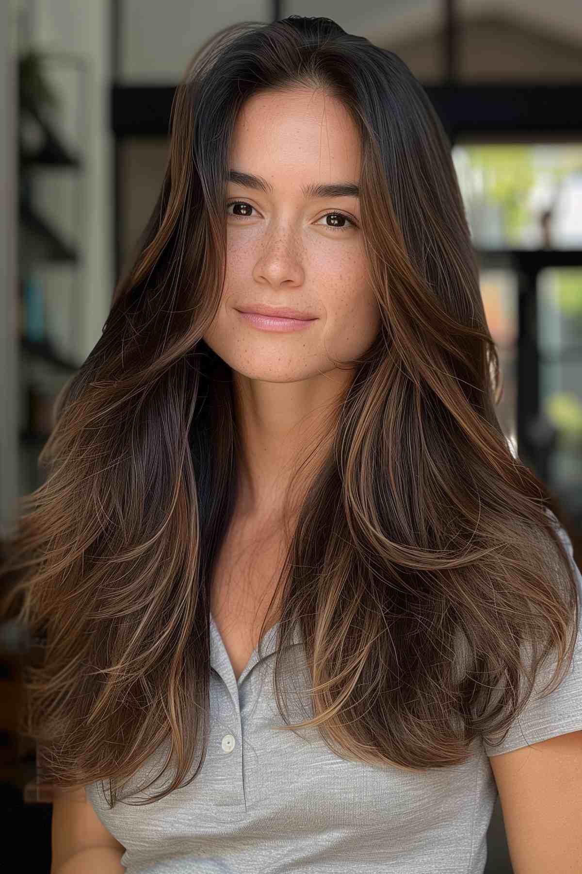 Woman with a layered blowout hairstyle for thick hair and face-framing layers